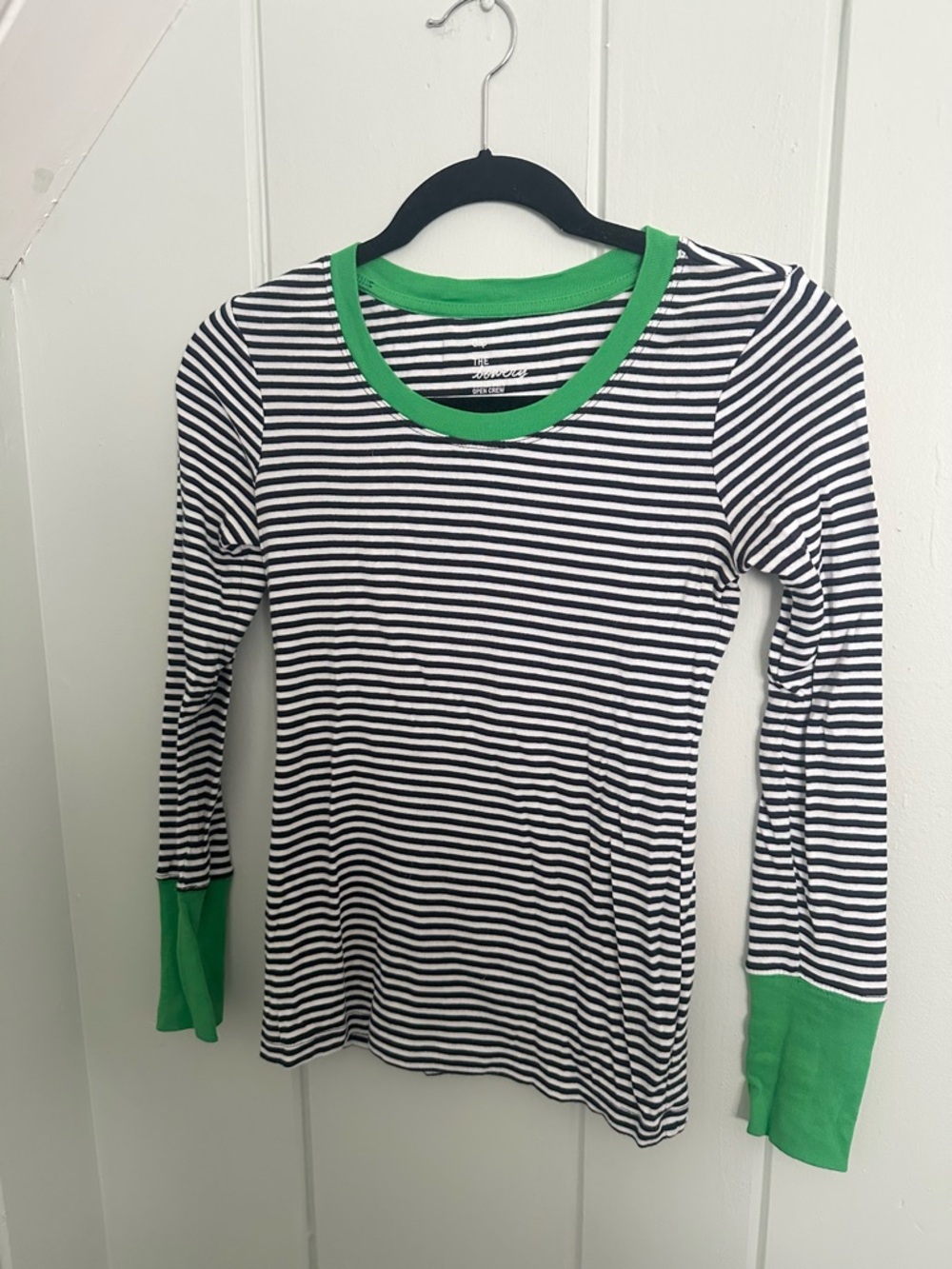GAP “The Bowery” Supersoft Open Crew Striped Long Sleeve Tee with Green Trim